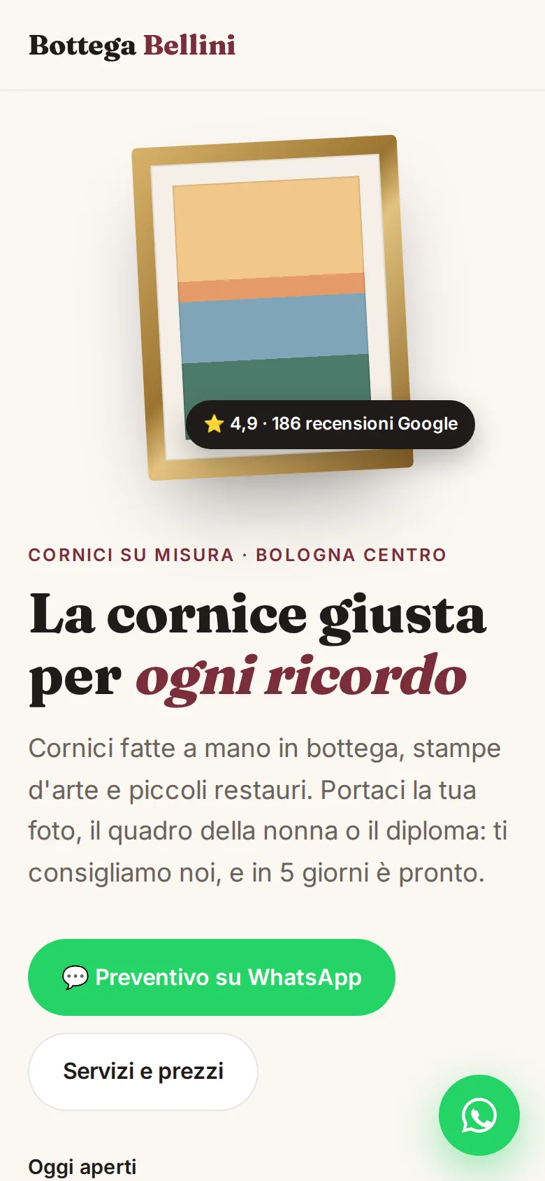 Pagina iniziale del sito di esempio Bottega Bellini