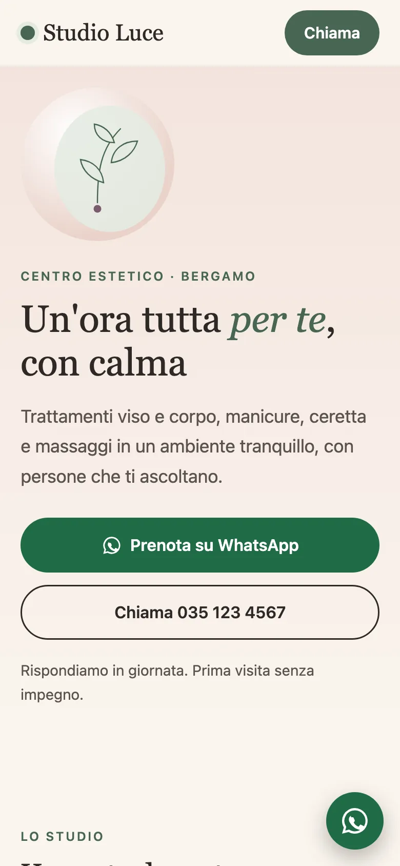 Pagina iniziale del sito di esempio Studio Luce