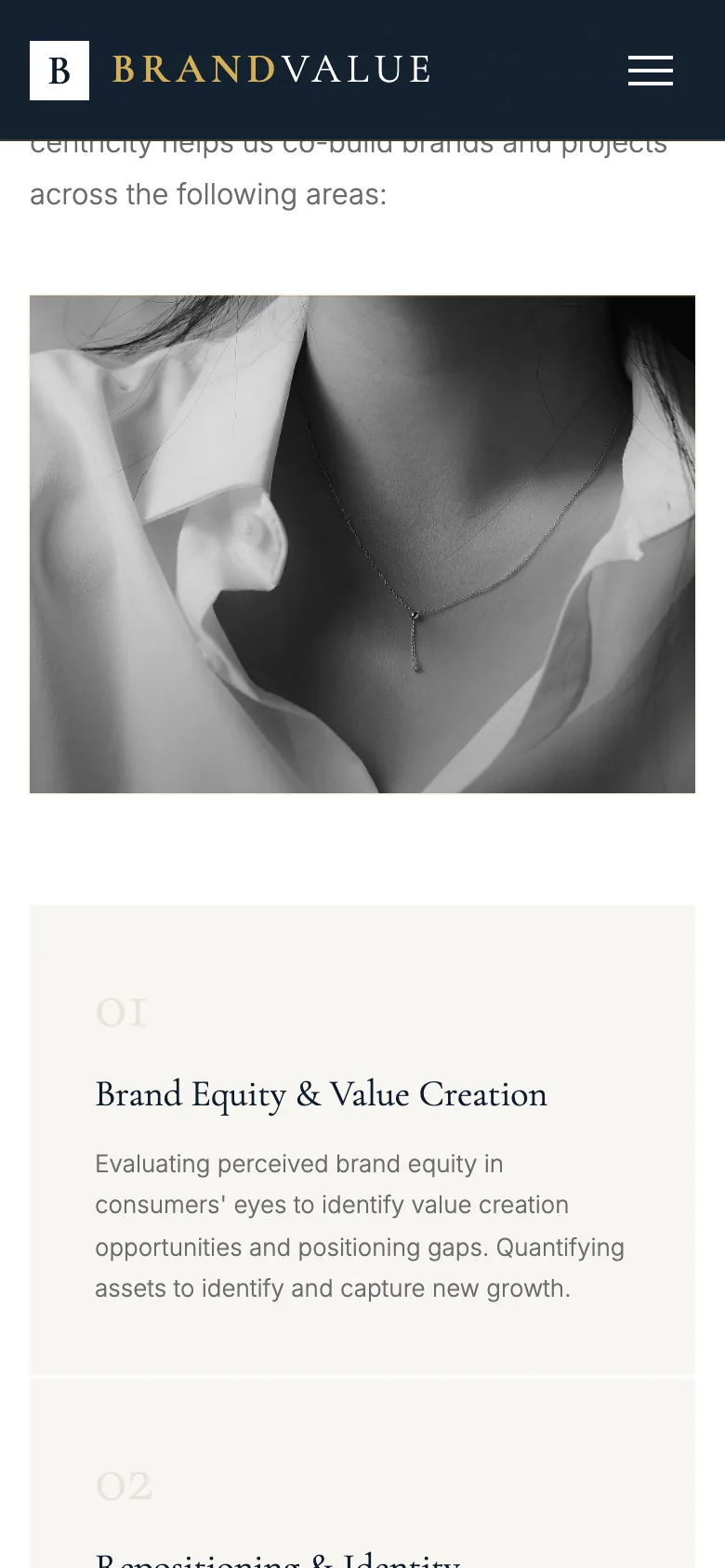 Le aree di competenza nel sito di Brandvalue, viste da telefono