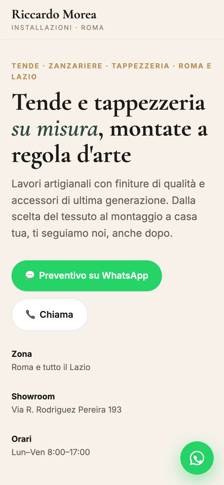 La pagina iniziale del sito di Riccardo Morea, tende e tappezzeria a Roma, vista da telefono